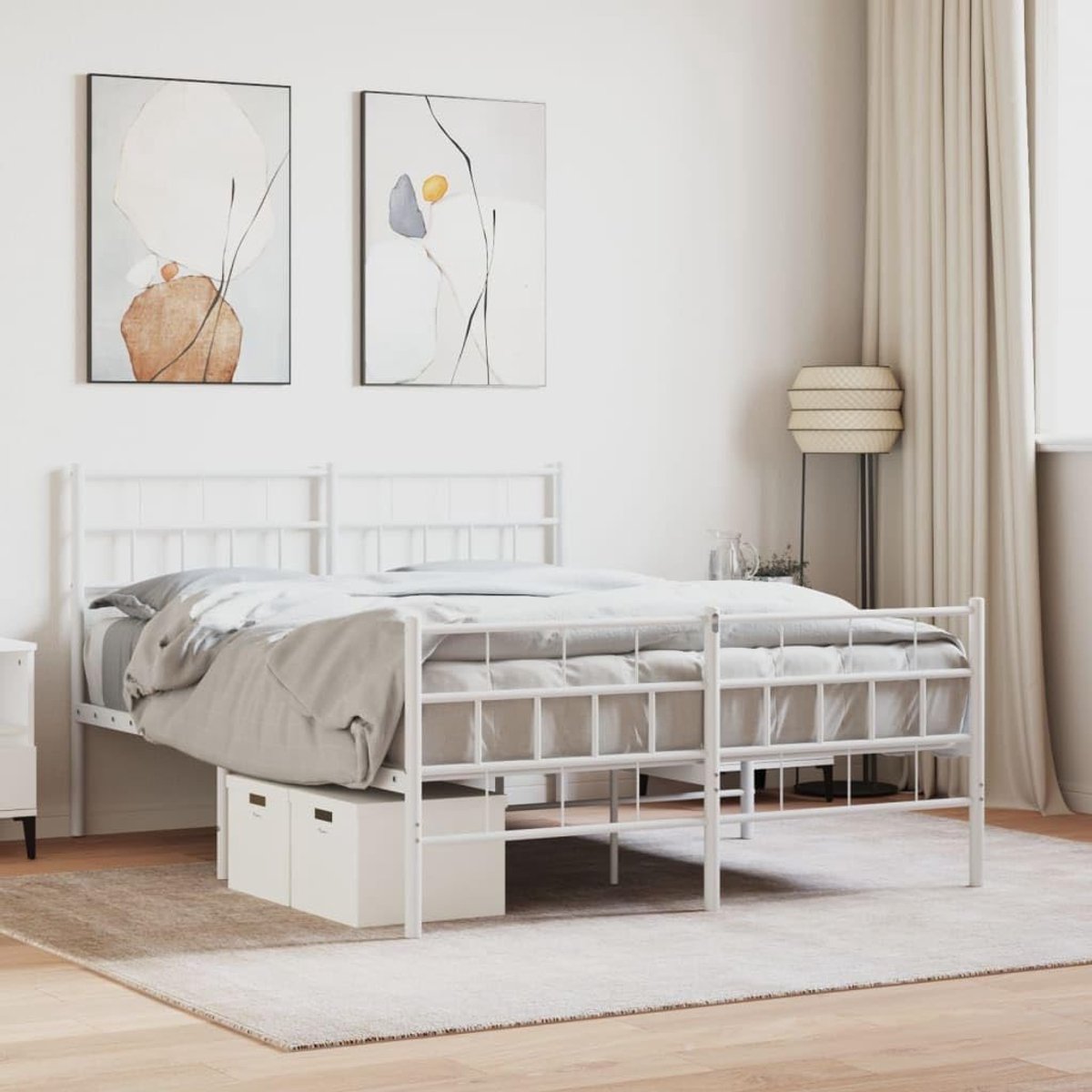 Bedframe met hoofd- en voeteneinde, metaal, wit, 150 x 200 cm, bedframe voor slaapkamer, woonkamer, hotelbedframe, geschikt voor slaapkamer