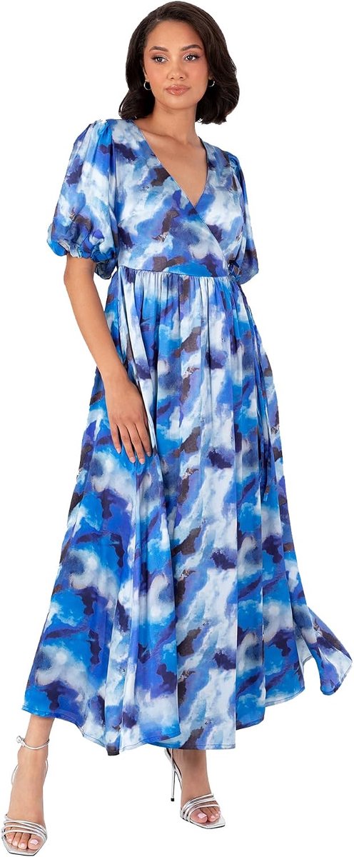 Dames Midaxi Jurk Dames Satijn Korte Pofmouw V-hals Wrap A-lijn Bloemenprint Avondgelegenheid Bruiloft Gast, Blauw 20, Blauw, 46