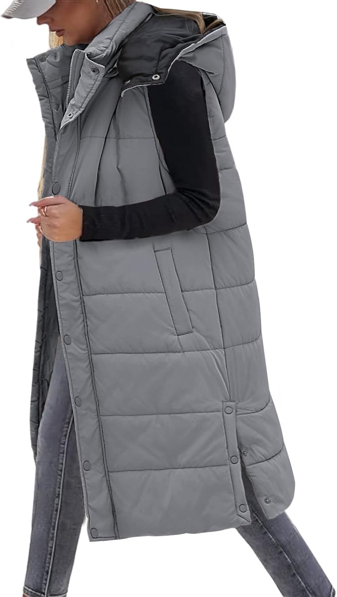 Lang vest voor dames, met capuchon, ritssluiting, gewatteerd vest, donsjack, mouwloos, warm, met zakken