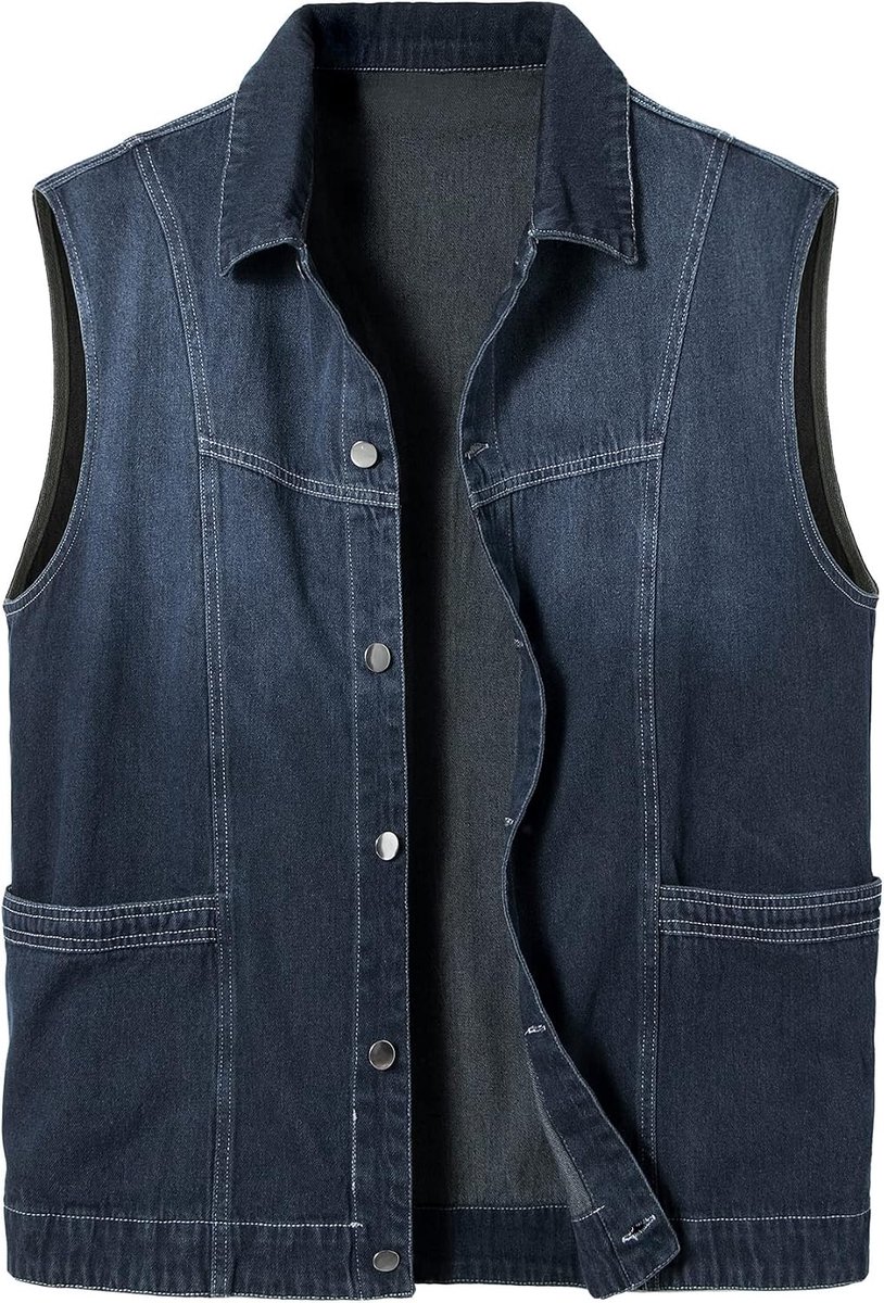 Denim vest voor heren, mouwloos jeansjas, relaxte pasvorm, button-down revers vest, Donkerblauw, M