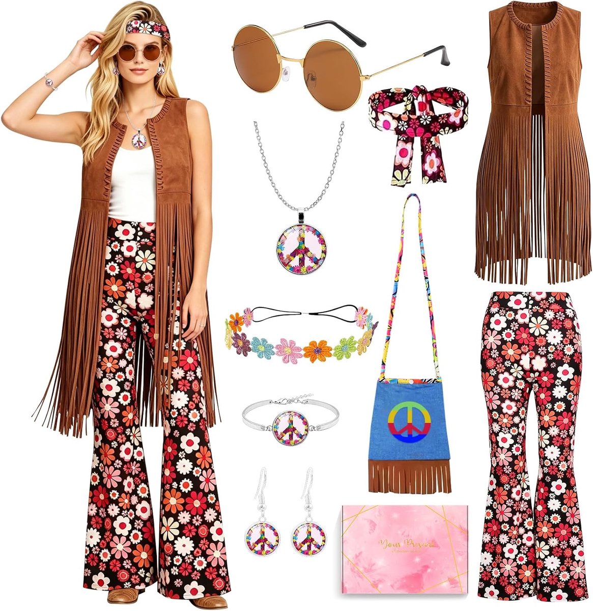 Hippiekostuum voor dames, hippiekostuum met vest, broek en accessoires, cadeaus voor volwassenen, kostuum jaren 60 en 70 voor carnaval, cosplay en feestjes