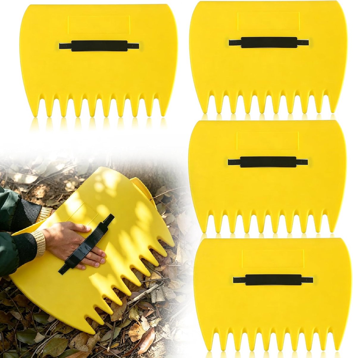 4 stuks bladverzamelaars: gele bladgrijper met handvat, ergonomisch en licht ontwerp voor het moeiteloos oppakken van bladeren, robuuste bladklauw voor het reinigen van gazon, erf en tuinafval