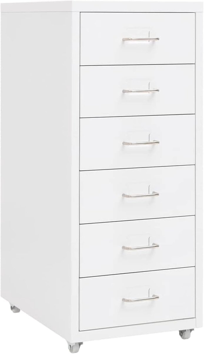 Archiefkast met 6 laden, kantoorkast, rolcontainer, ladekast, metalen kast voor kantoor, woonkamer en werkkamer, wit, 28 x 41 x 69 cm, metaal