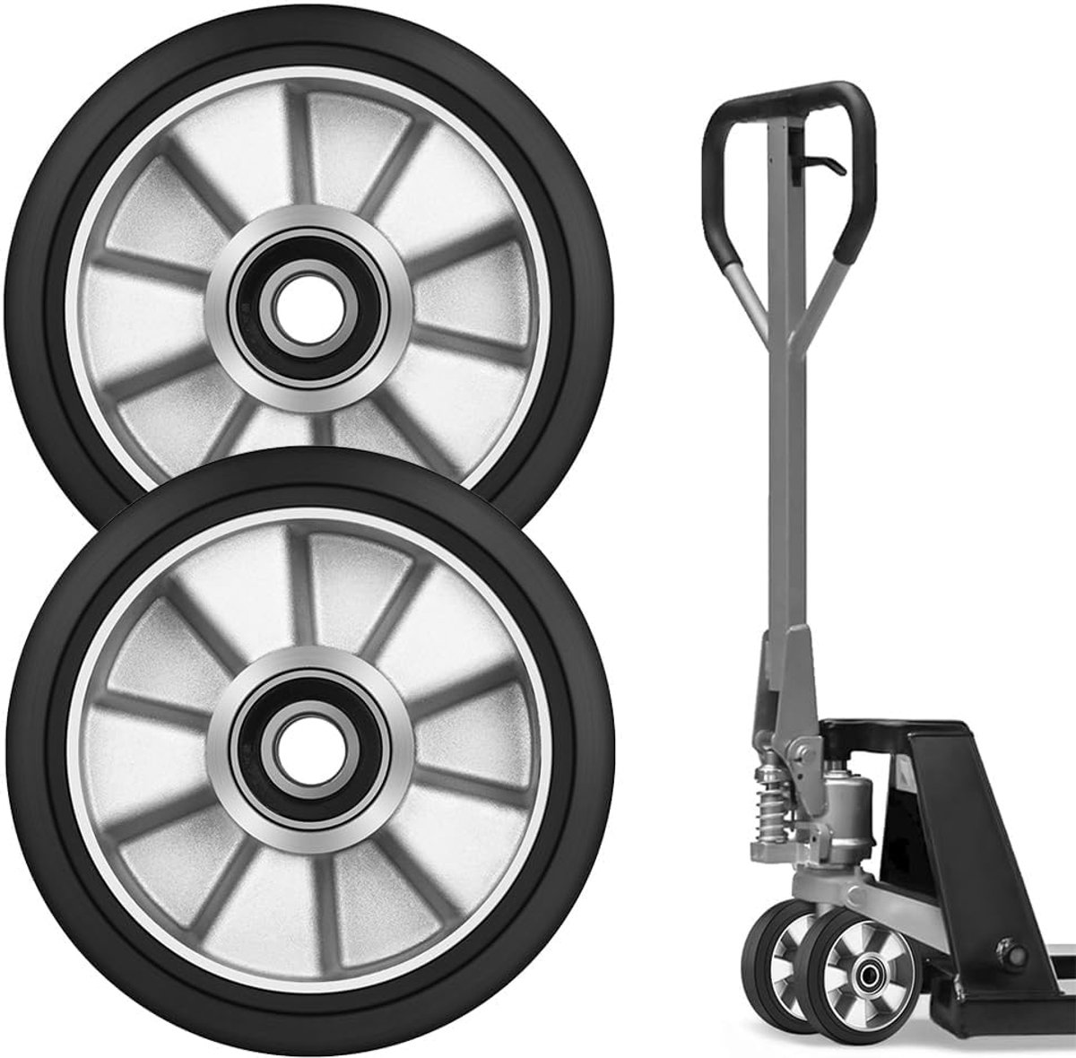 2 stuks Hefwagenwielen rubberen wielen 200 x 50 mm, maximale belasting: 1500 kg, as 20 mm incl. kogellagers, wielen voor hefwagen, reservewielen, vorkwagenrol