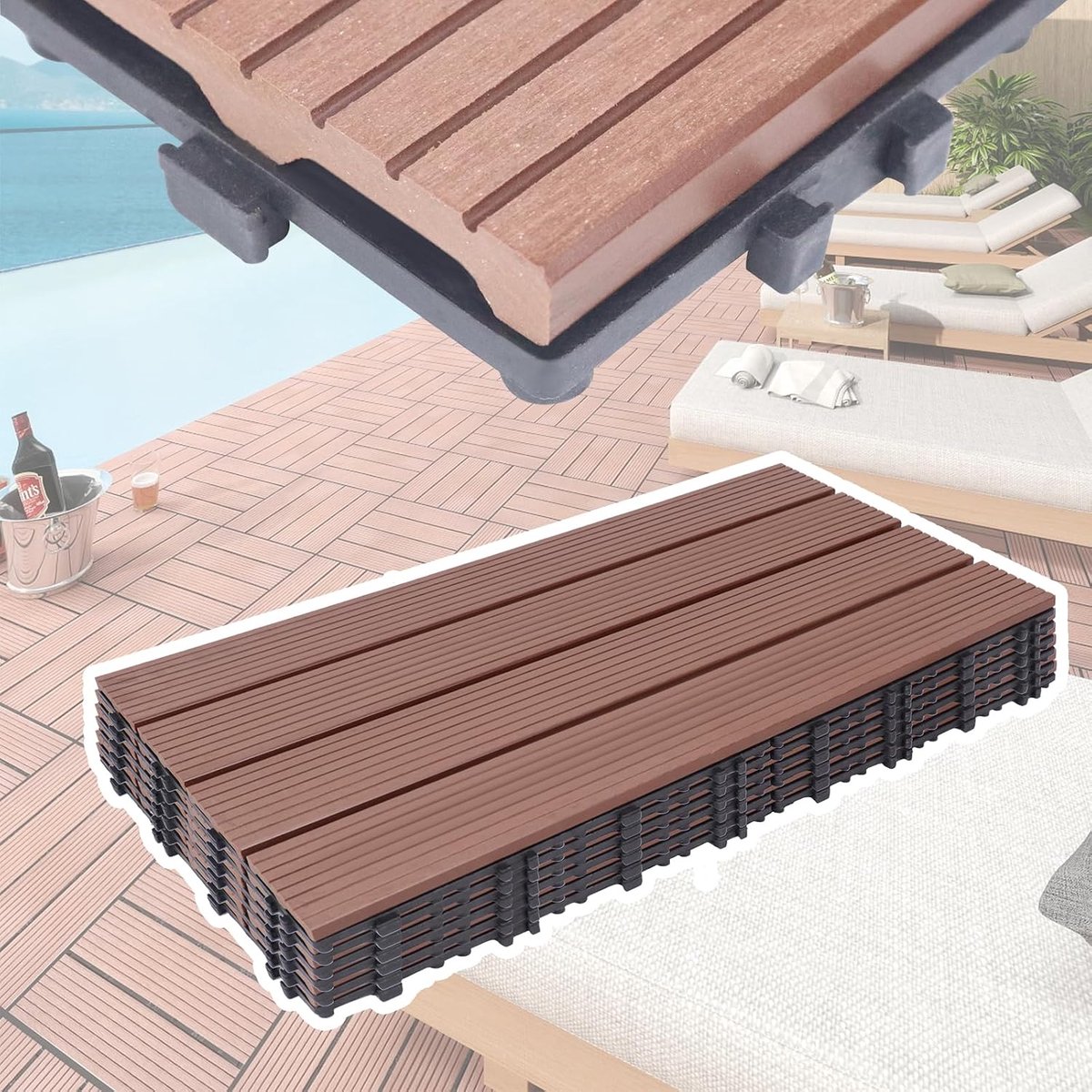 6 stuks balkonvloerbedekking, WPC terrastegels, houtlook, balkontegels, kliksysteem, kliktegels, kunststof kliktegels voor tuin, balkon, terras, 30 x 60 cm, bruin