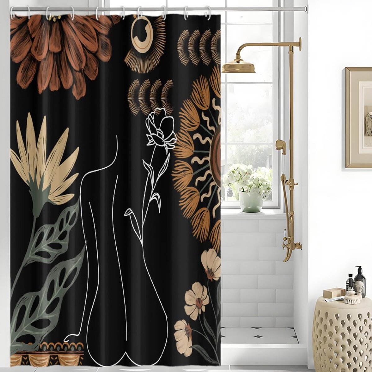 Douchegordijn, boho, zwart, abstract, vrouw, bloemen, minimalistisch, anti-schimmel, waterdicht, polyester stof, wasbaar, ondoorzichtig badgordijn met 10 haken, 150 x 180 cm (b x h)