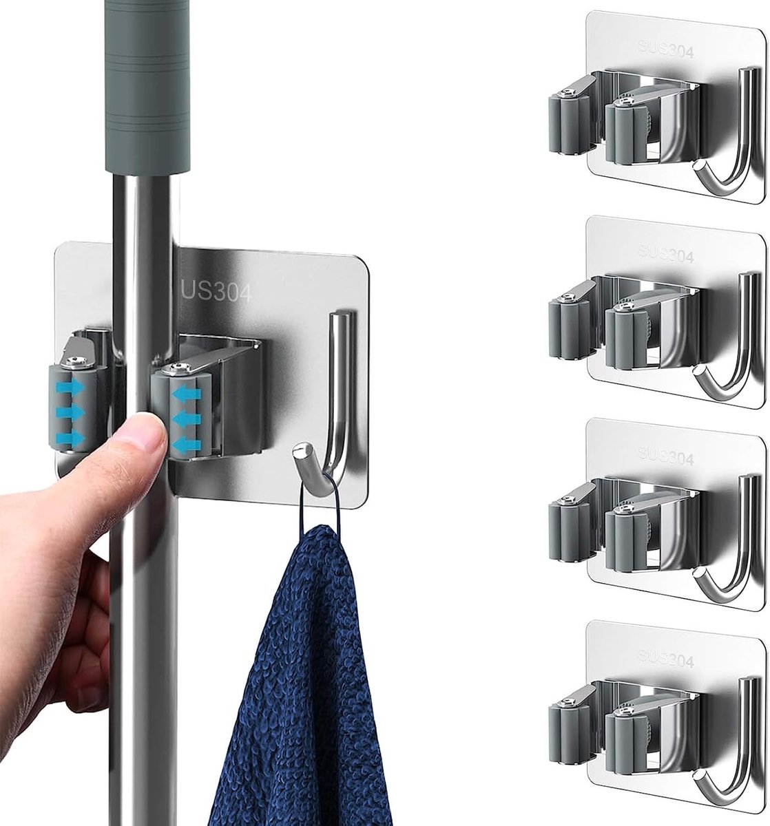 4 stuks bezemhouders voor aan de muur, gereedschapshouder, tuingereedschapshouder, bezemhouder, wanddweilhouder, gereedschapshouder met haak voor dweil, bezem, schep, gereedschap, grijs