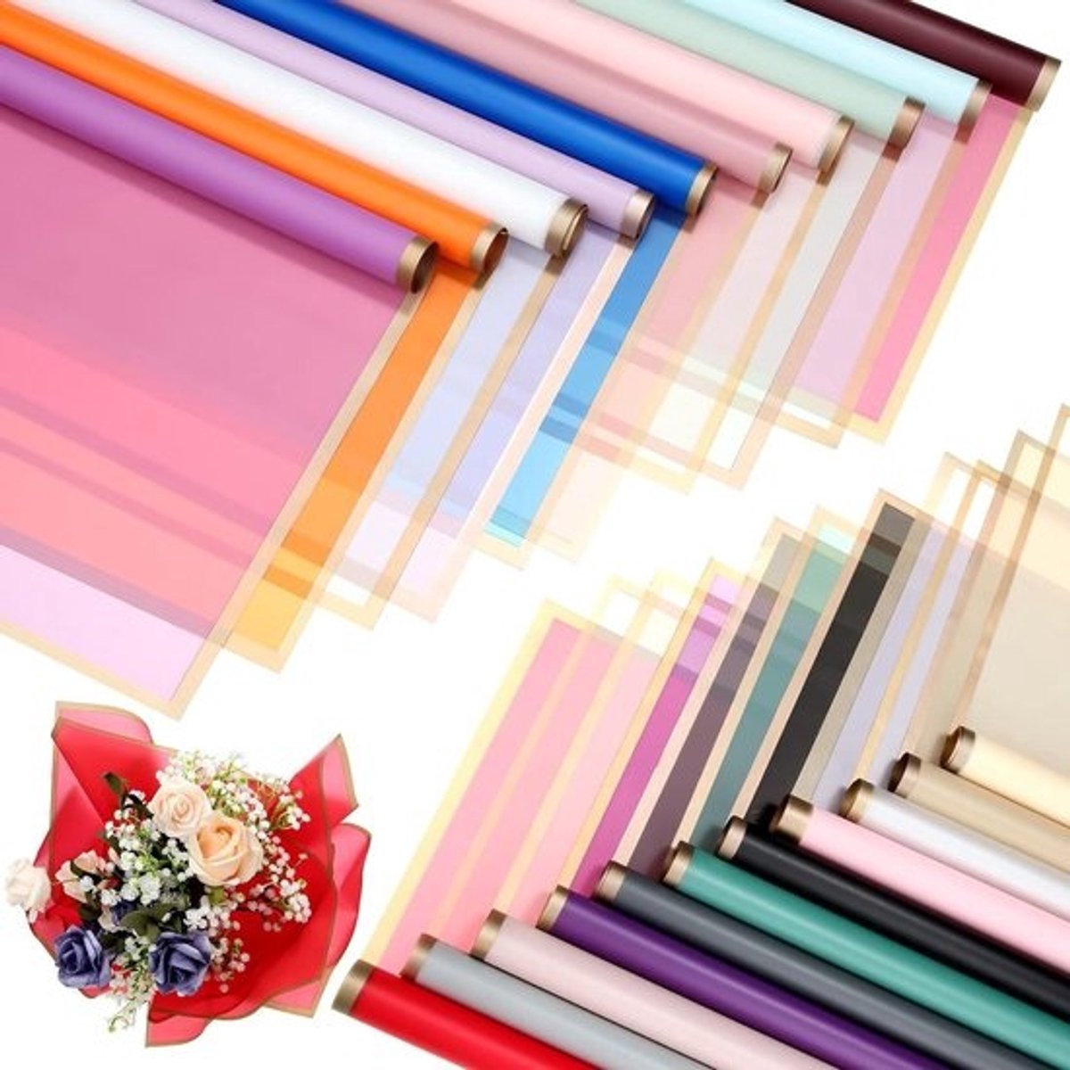 Bloemen inpakpapier - Boeket vellen - Bloemen decoreren - Gouden rand - 420 vellen - Elegante kleuren