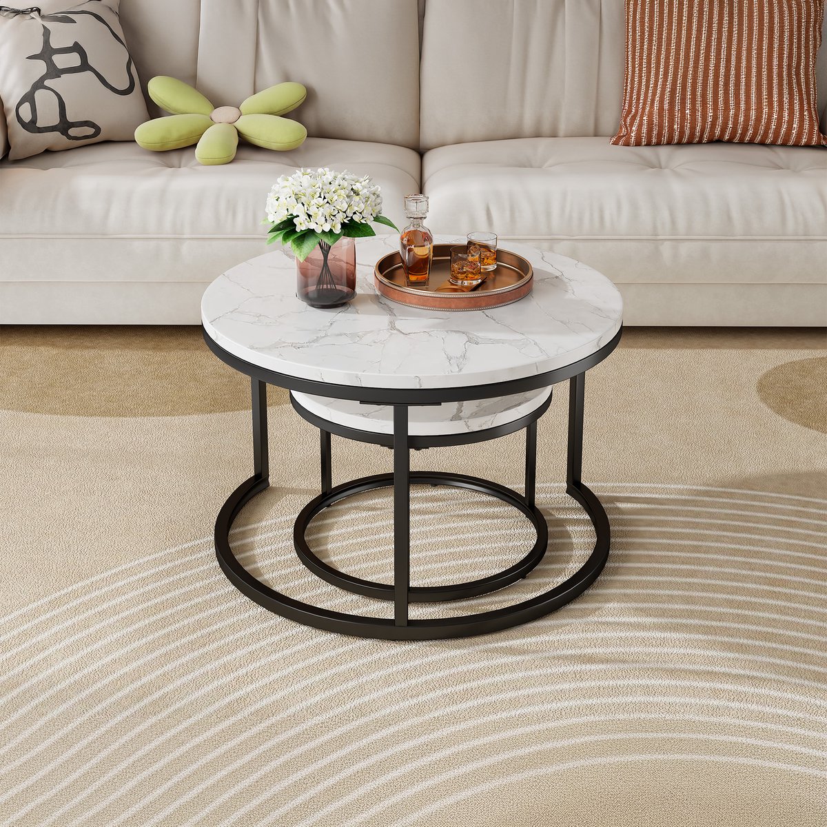 MEUNIQ ronde salontafelset van 2 nesttafels met metalen frame en wit blad met marmerlook, 70 x 70 x 45 cm, zwart-wit voor de woonkamer Wit+Zwart
