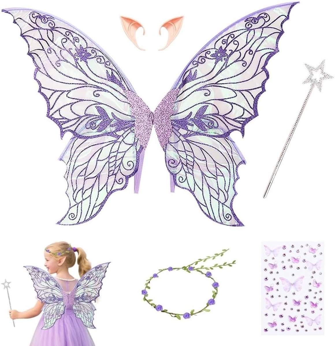 Feestelijke feeënvleugels voor kinderen, kostuum met vlinder- en prinsessenvleugels voor carnaval en thema-avonden