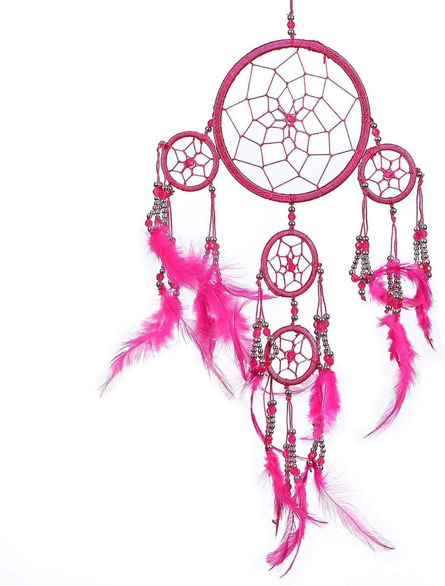Handgemaakte Boho Dromenvanger: Ethische Hangende Dream Catcher van Pink Pineapple als Wanddecoratie met Veren en Zilver Kralen in een Traditioneel Haakontwerp - 12cm Breed, 35cm Lang (Fuchsia)
