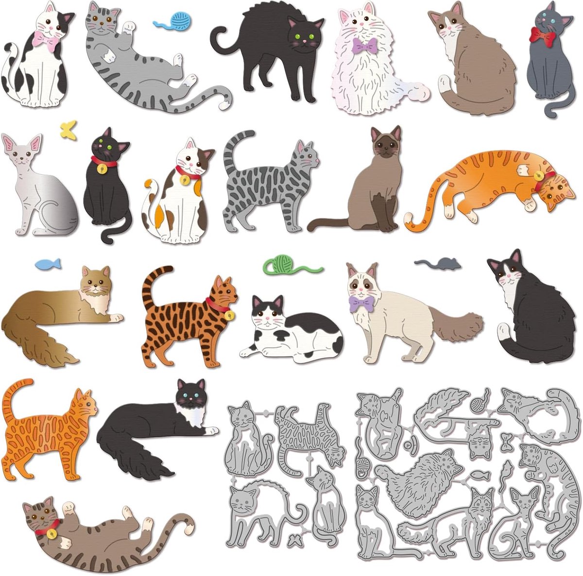 Snijsjablonen voor katten voor het maken van realistische kittenkaarten, metaal, schattige ragdoll en Siamese kittens, voor scrapbooking, reliëf
