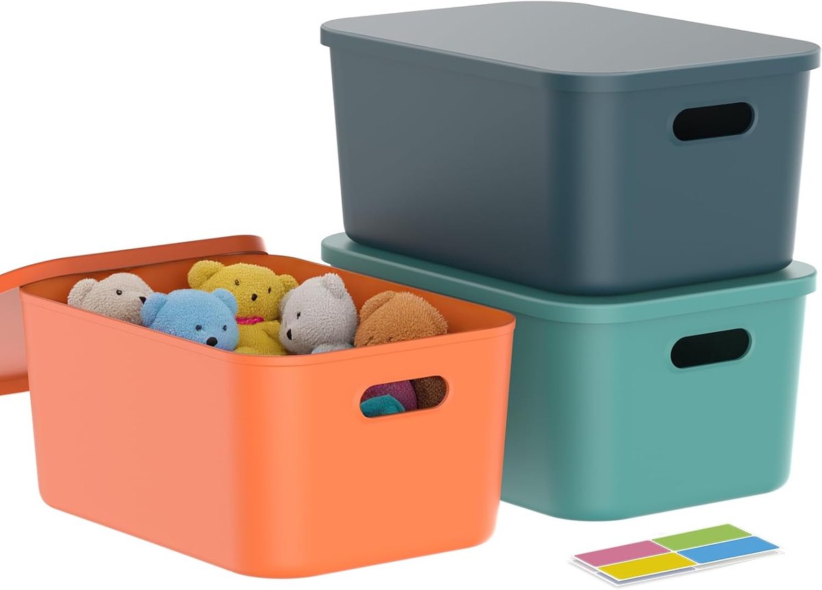 Johgee Set van 3 opbergdozen met deksel, kunststof opbergdozen, stapelbare opbergdozen, opbergmand voor plank, keuken, slaapkamer, kast, badkamer