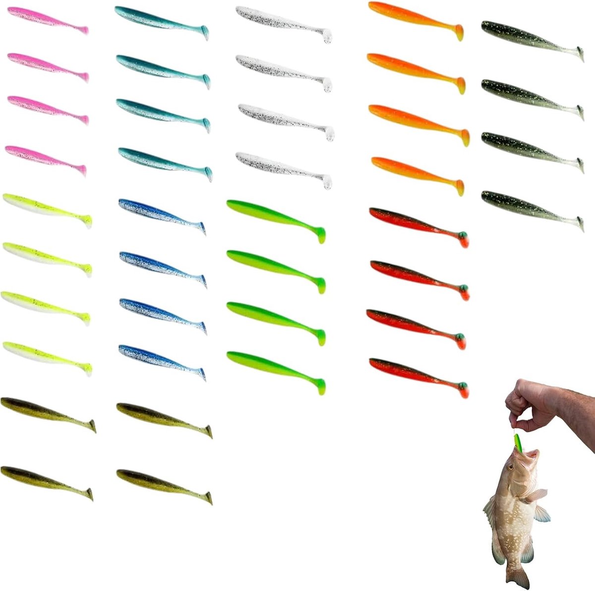 Softbait Set voor Zander en Roofvissen - 40 Stuks in Diverse Kleuren - Geschikt voor Verschillende Vistechnieken met Unieke Paddle Tail