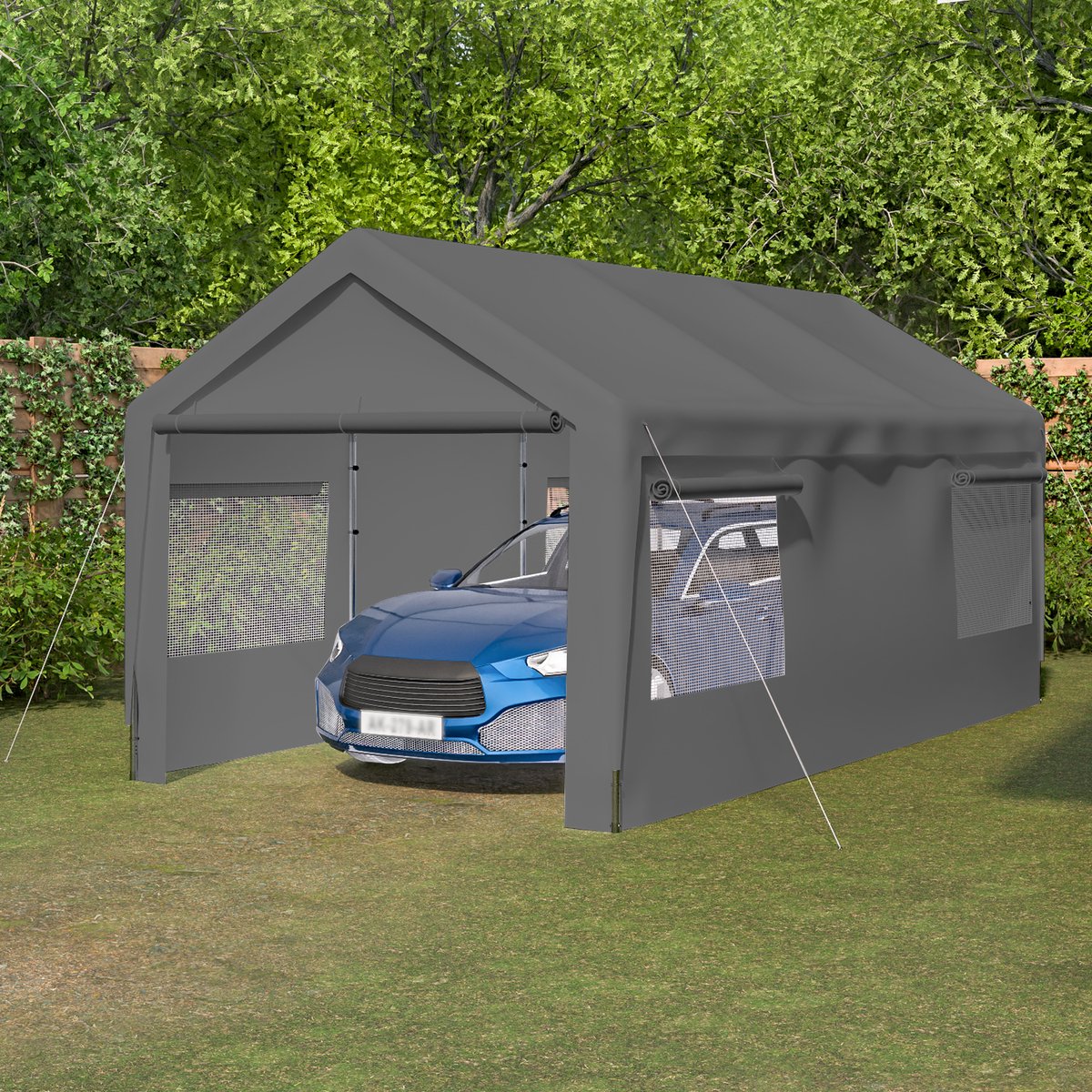 COVREO Garagetent met afneembare zijwanden – 592,84x310,9x276,75 cm – Carport met oprolbare ramen – Opslagtent voor auto's – Grijs