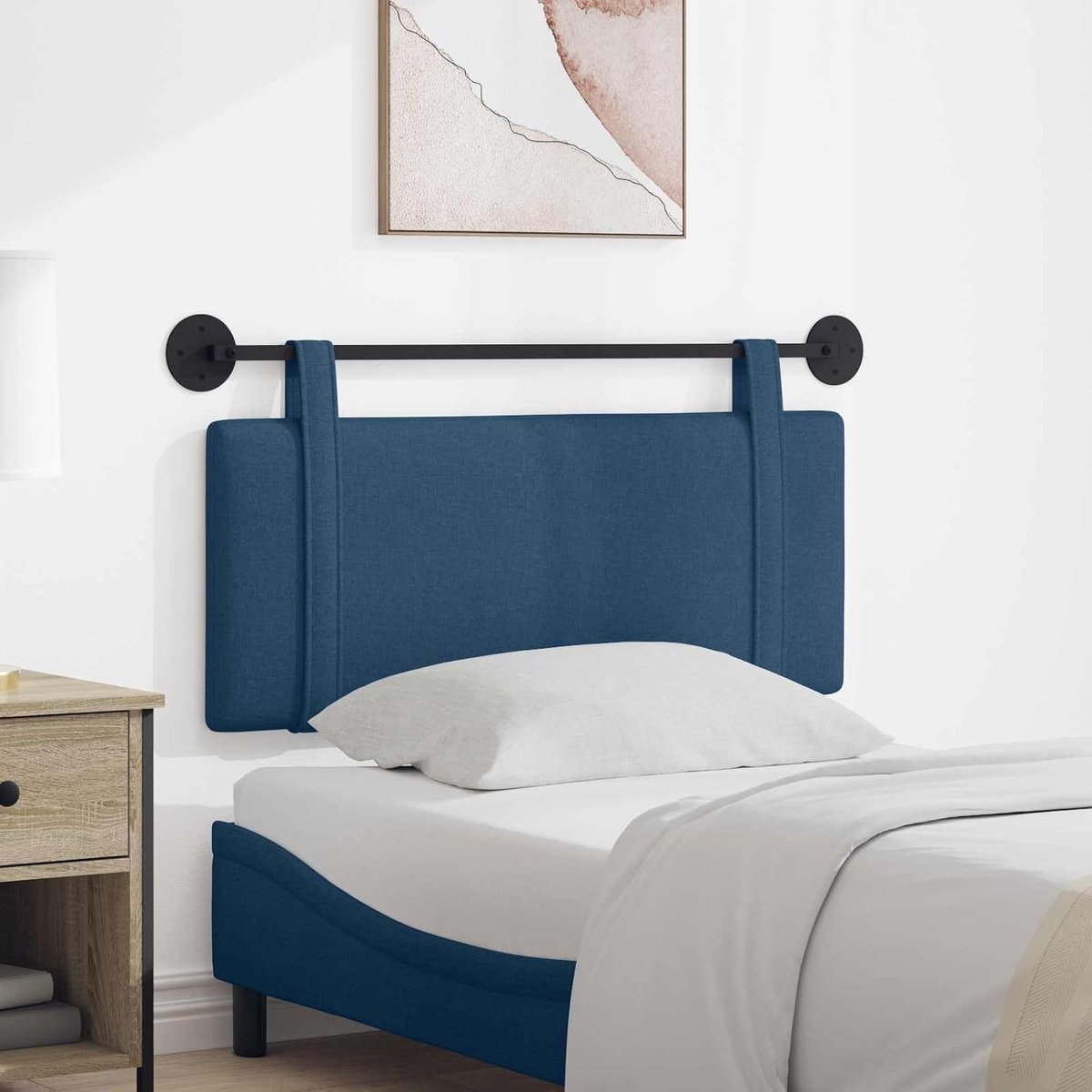 hoofdeinde blauw van stof voor bed, wandmontage, elegant en zacht, past bij verschillende frames, ruimtebesparend, onderhoudsvriendelijk, moderne stijl.