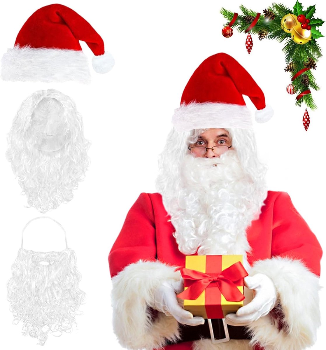 Kerstmanpruik met baard en muts, kerstmuts voor volwassenen, kerstman kostuum accessoires, Kerstman Sinterklaas pruik, kerstman baard wit (A)