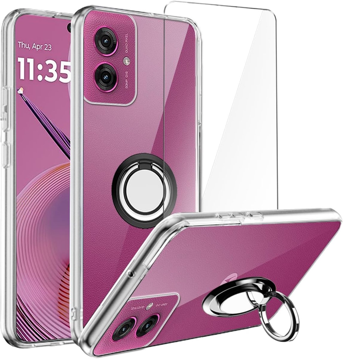 Hoesje voor Motorola Moto G55 5G (6,5 inch) doorzichtig telefoonhoesje + 360 ° draaibare ringstandaard + 1 stuks schermbeschermer van gehard glas.