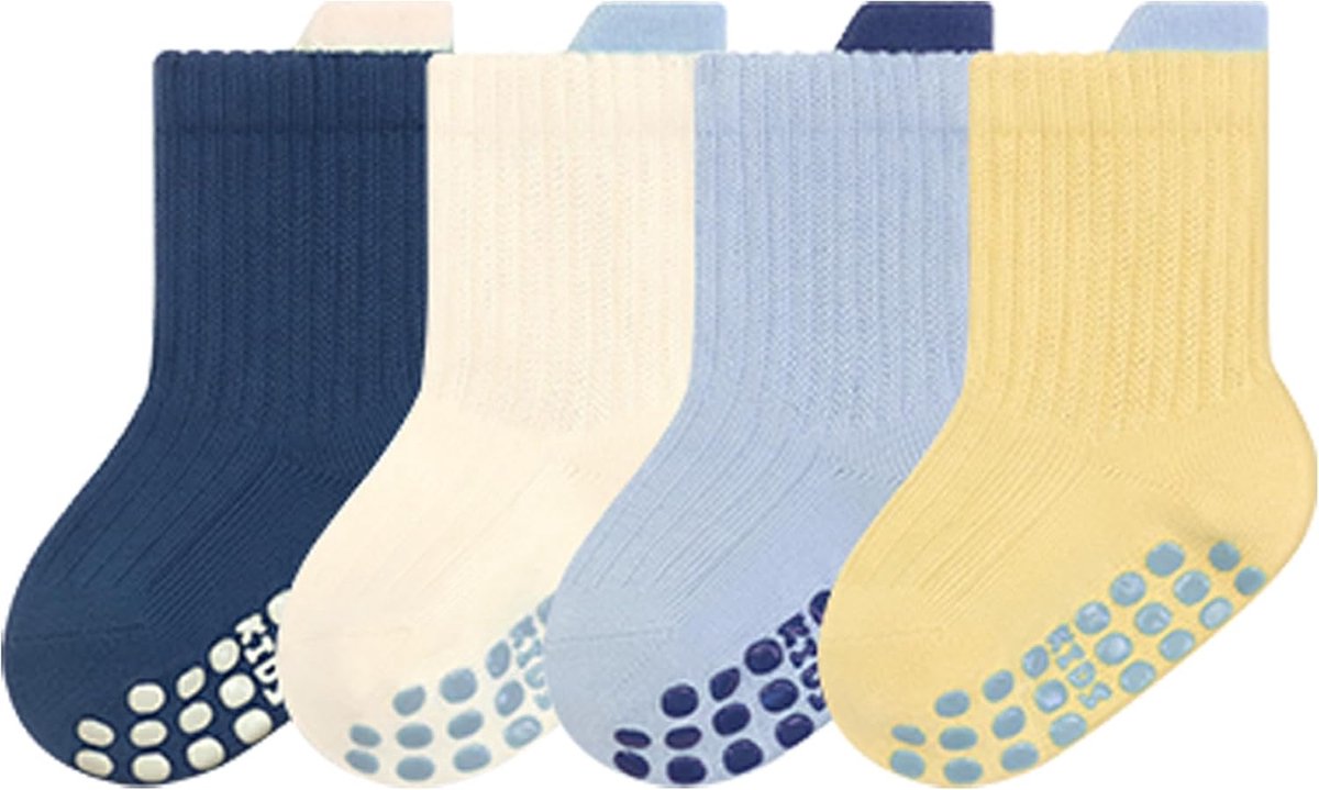 Sokken Baby Kinderen, 4 Paar Kleurrijke Katoenen Kindersokken Anti-Slip Crew Sokken met Grips Vloer Sokken Indoor Babysokken Set voor Peuter Jongens Meisjes 6-12 Maanden 1-5 Jaar