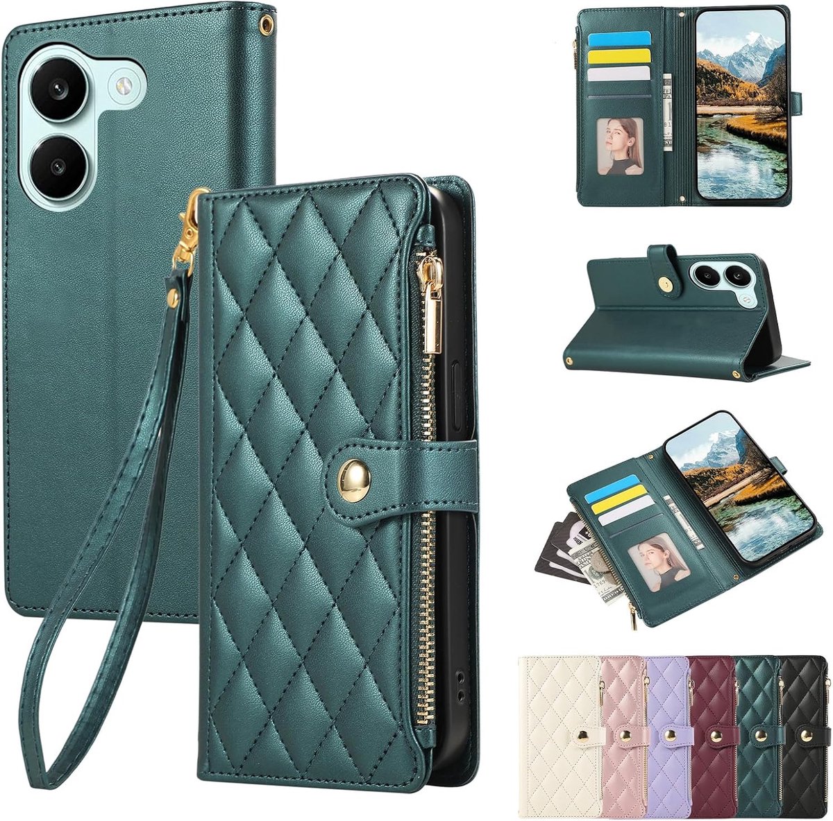 Hoes voor mobiele telefoon voor Xiaomi Poco X8 Pro, hoes met ritssluiting, zakelijke PU-lederen klaphoes voor Poco X8 Pro, beschermhoes met kaartsleuven, standaard, groen