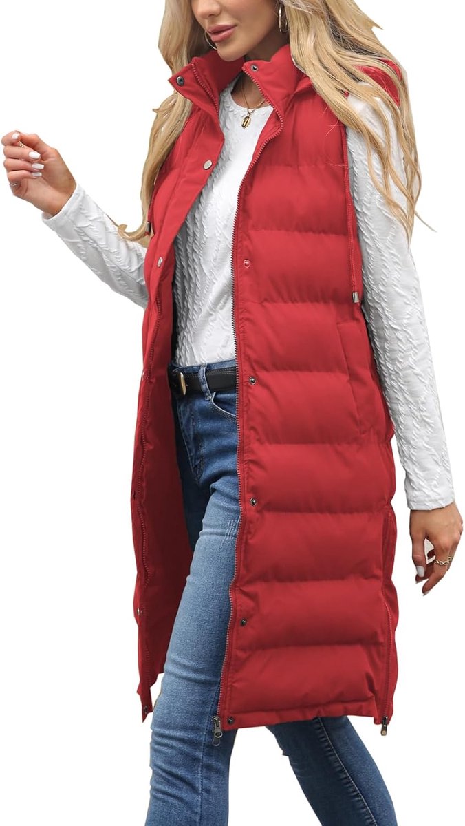 vest voor dames, mouwloos, winter, lang donsvest, lichtgewicht, warme jas met ritssluiting en capuchon