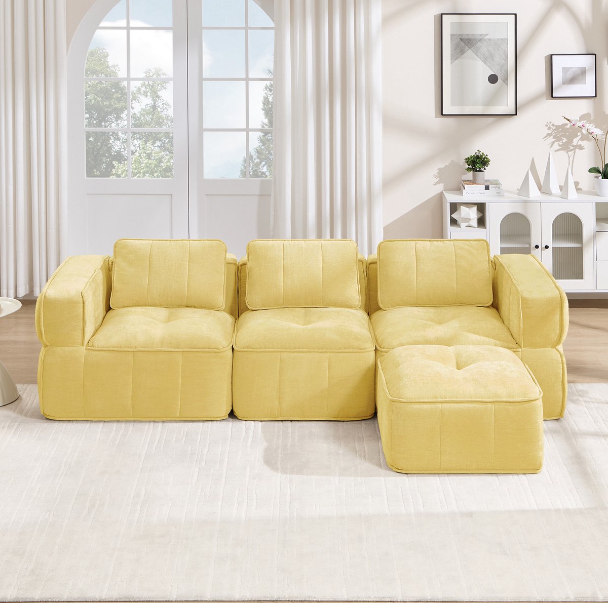 COVREO Hoekbank met hocker, 3 zitplaatsen – 271x162x67 cm – Modulaire bank, polyester – Zitmeubel met 32D schuim – Geel