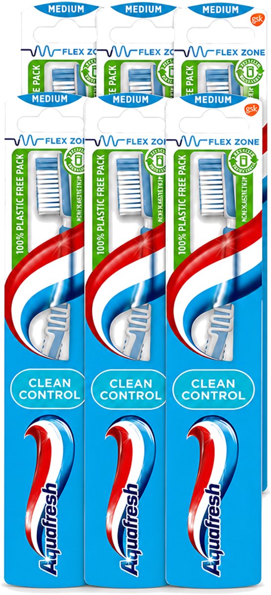6 x Aquafresh - Tandenborstel - Clean Control - Medium - Grondige Reiniging - 1 Tandenborstel - Voordeelverpakking - 6 stuks