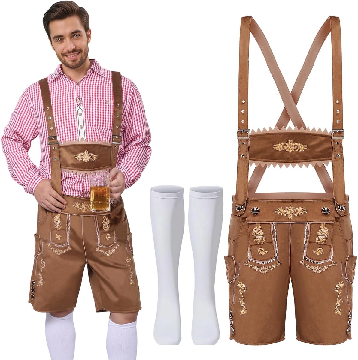 broek voor heren, kort met bandjes, traditionele lederhose voor heren en dames, klederdrachtbroek, Oktoberfest, Oktoberfest, outfit