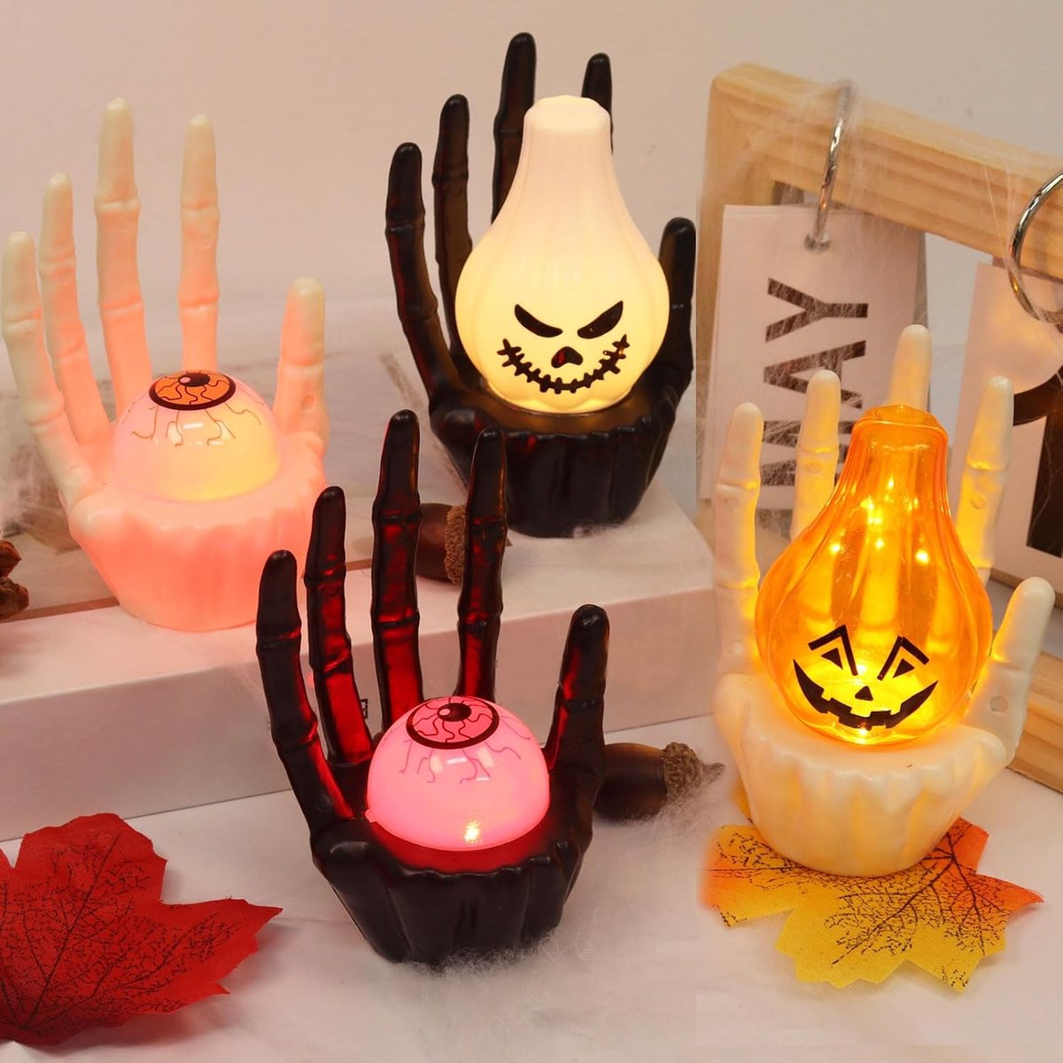 -decoratielampen, 4 stukken griezelige spookpompoenlichten, heldere LED -skelethand met oogballpompoen, voor decoratie Halloween, carnaval, binnen en buiten, tafels, feesten