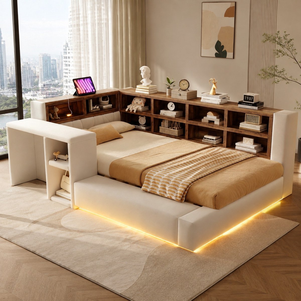 FloraGrace Gestoffeerd Bed 90 x 200 cm - Ledverlichting En Stopcontacten - Opbergvakken En Zijtafel - Zonder Matras - Beige