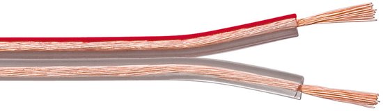 Deux extrémités d'un câble de haut-parleur rouge et transparent, où les conducteurs en cuivre sont visibles.