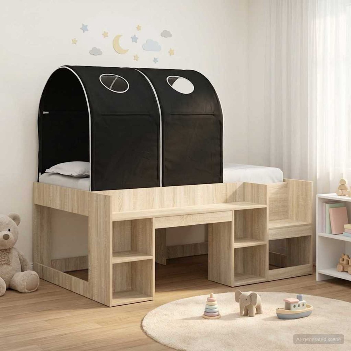 vidaXL Bed - met - Tunnel - 3 - st - Sonoma - Eiken - en - Zwart - Bewerkt - hout Sonoma eiken en zwart