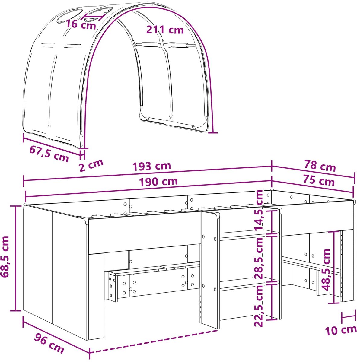 vidaXL Bed - met - Tunnel - 3 - st - Sonoma - en - Wit - Bewerkt - hout Sonoma en wit