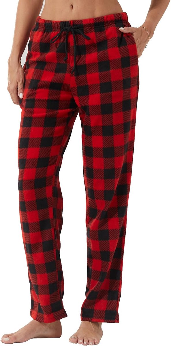 1-2 stuks pyjamabroek voor dames, lange geruite pyjamabroek, winter, fleece, nachtkleding, broek, zachte vrijetijdsbroek, kerstpyjama met zakken