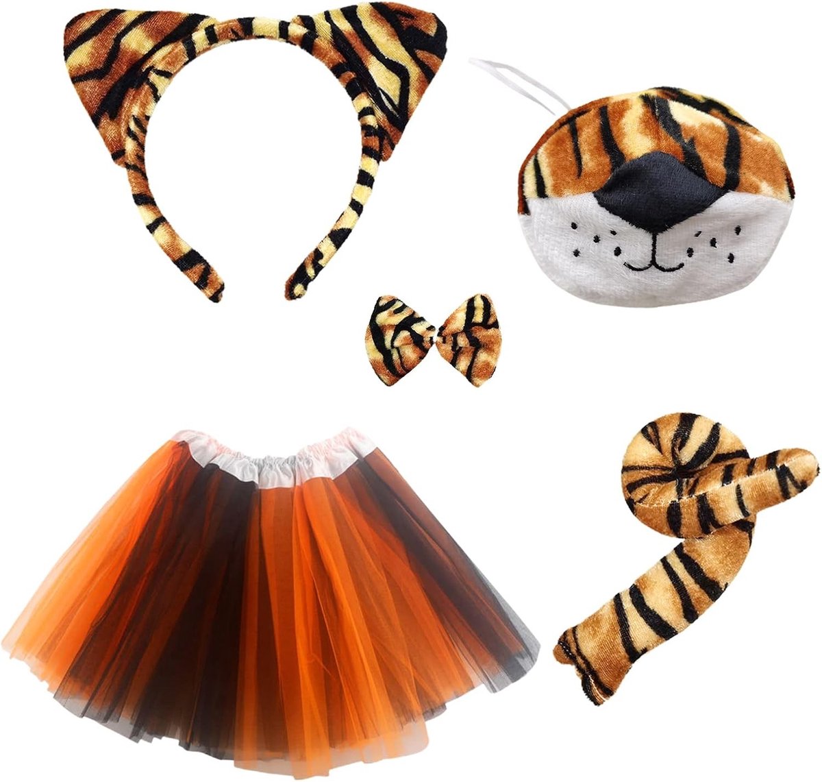 5-delig Tijger Kostuum Set met Oren, Staart, Neus, Strik en Tutu Rok voor Carnaval en Feestjes, Geschikt voor Volwassenen en Kinderen