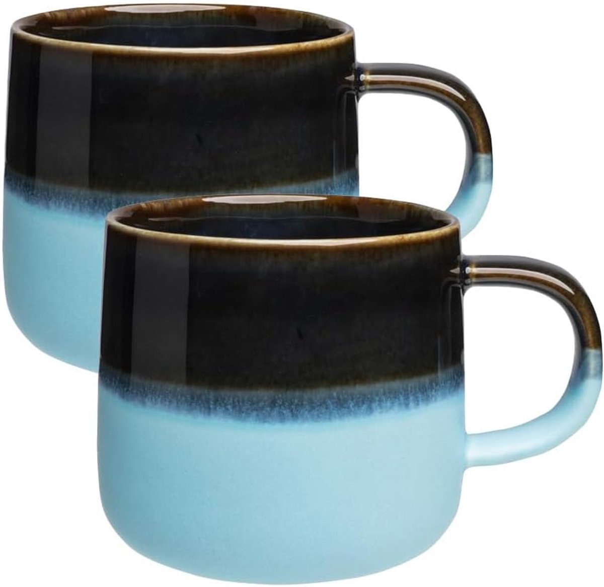 Set van 2 keramische kopjes voor koffie, thee, cacao koffiemokken, grote cappuccinokopjes, aardewerk, theekop met handvat, kleur: blauw, 390 ml