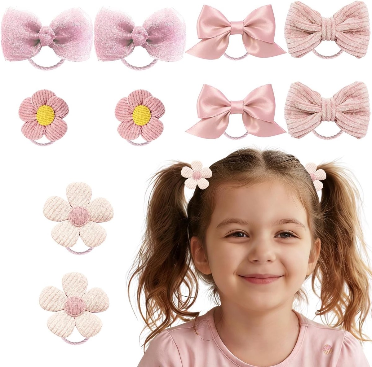 10 Stuks Meisjes Haarbanden, Elastische Haarknippen met Roze Strik en Bloem Haaraccessoires voor Baby's en Peuters
