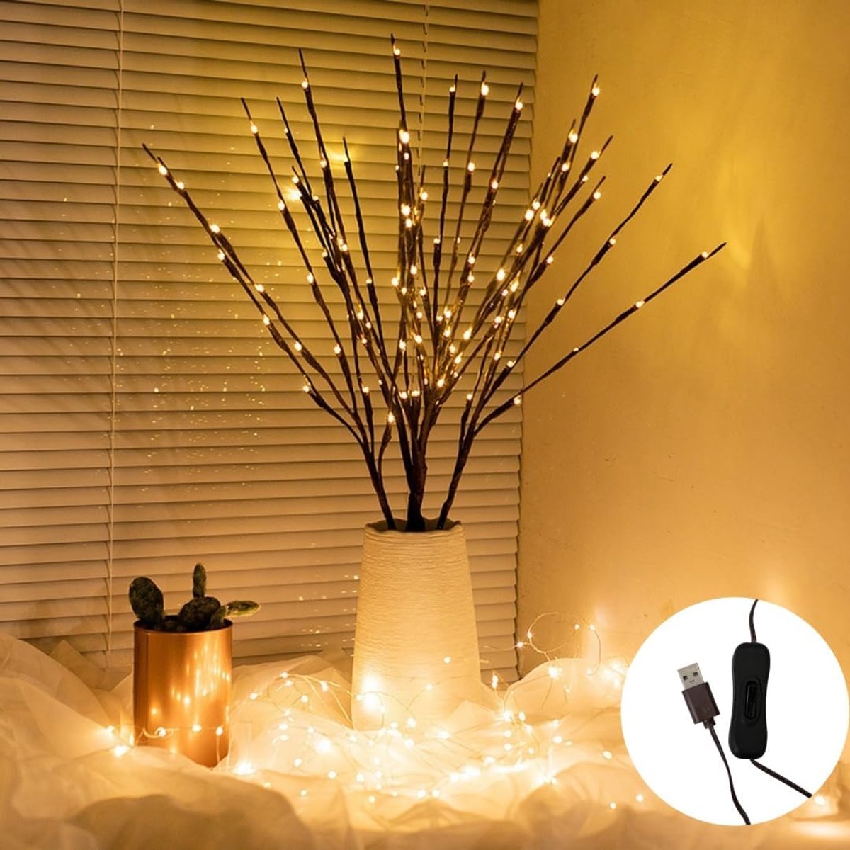 77 cm dubbele lamp met 6 takken en 120 LED-lampen, stroomvoorziening via USB, wilgentakken met LED-verlichting. Gebruik het om vazen voor kerstdecoraties binnen en buiten te vullen