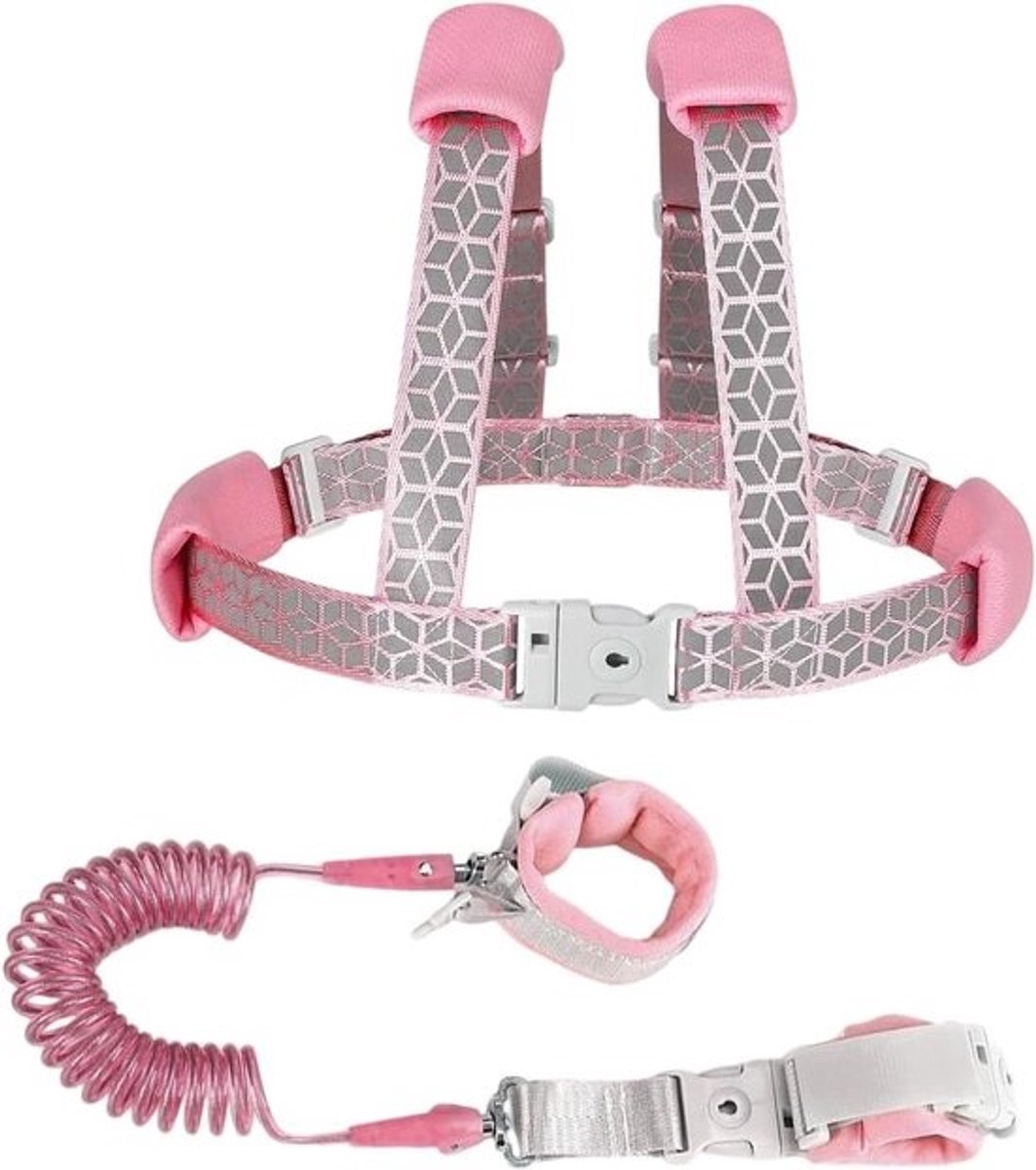 Kinderharnas met riem - Veiligheidstuigje kind - Veilig op pad - Reflecterend en afsluitbaar - 15 meter lengte - Roze