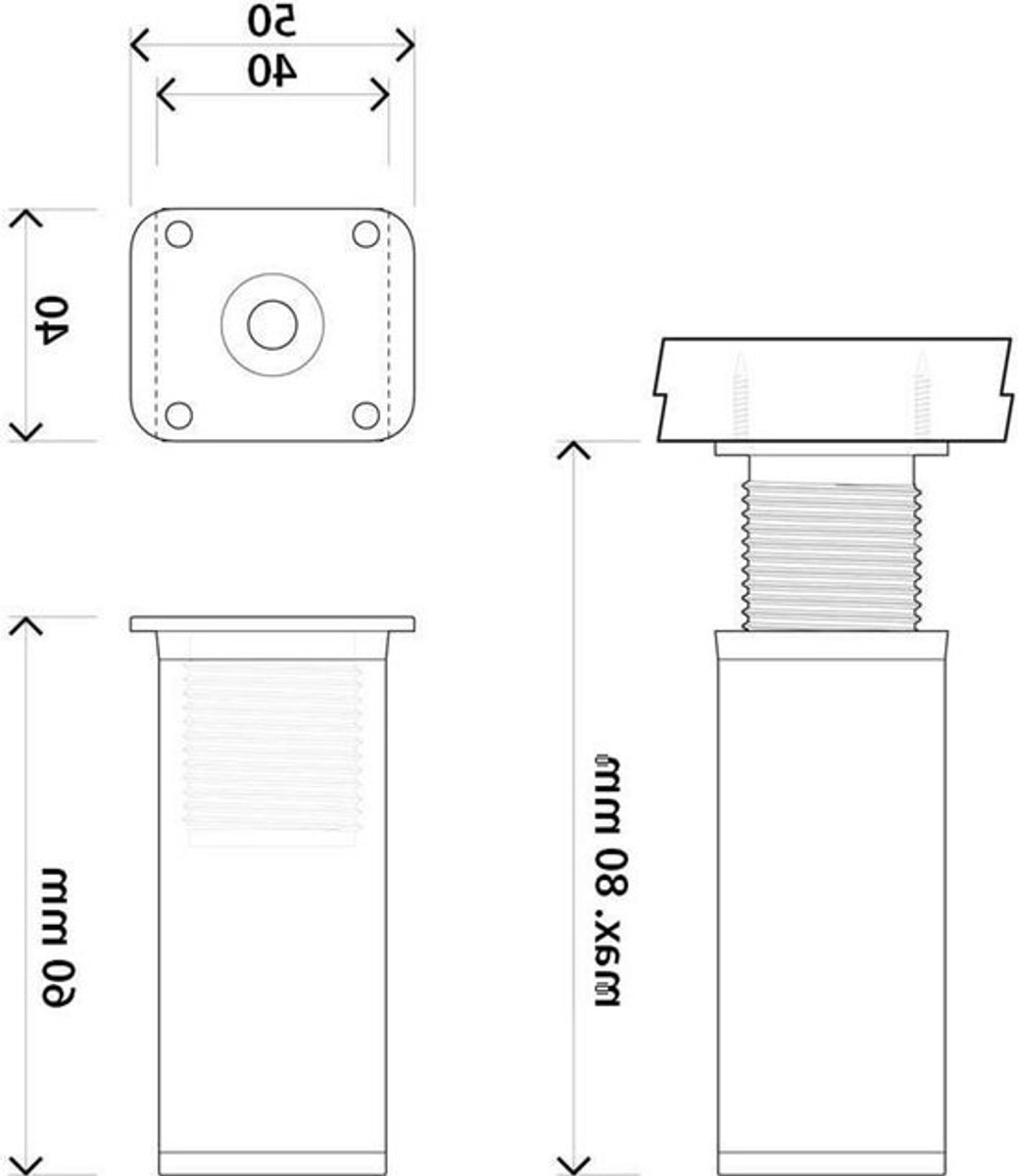 Verstelbare meubelpoten - Set van 8 - Meubels vernieuwen - Modern vierkant profiel - 60 mm hoogte - Chroomlook