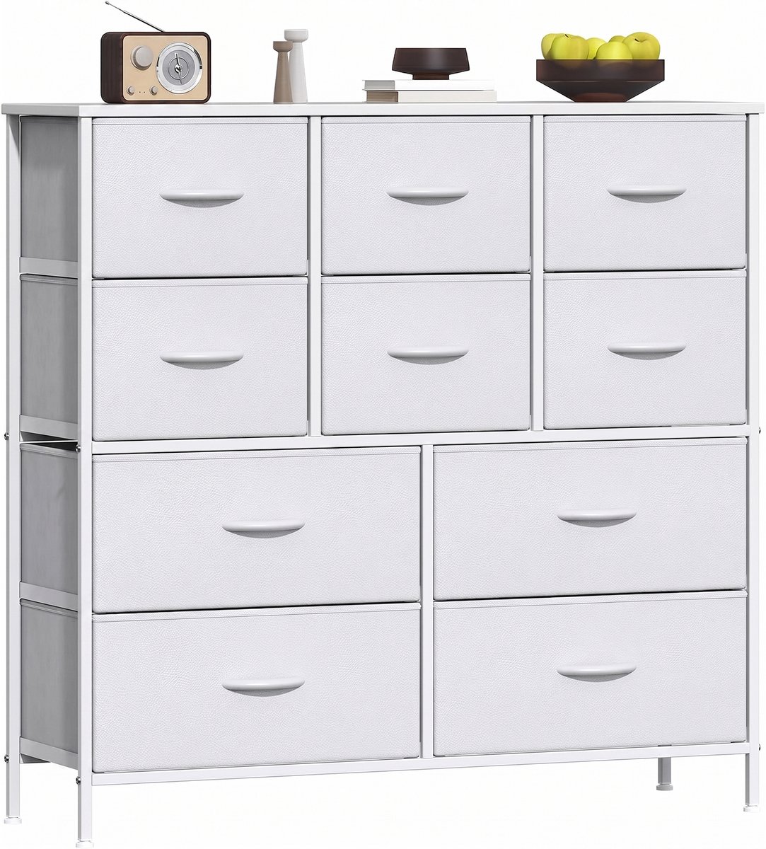 Ladekast wit - 10 stoffen lades met leerlookfronten - 6 kleine en 4 grote lades - Voor kleding - MDF-blad - Verstelbare voeten - 100 x 30 x 97 cm