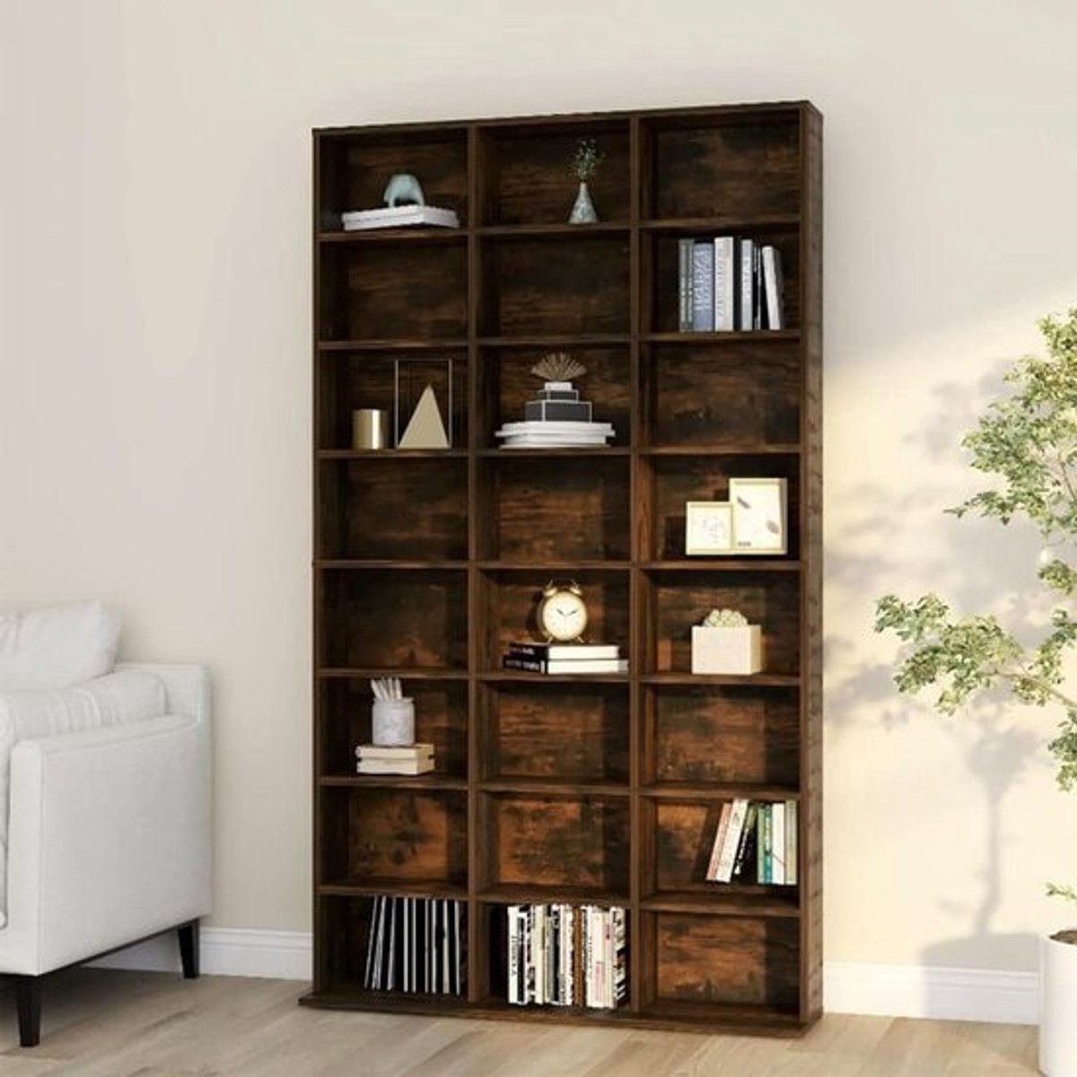 Cd Dvd Rek - Opbergkast Hout - Media Opslag - Open Vakken - 102x23x1775 cm - Rookeiken