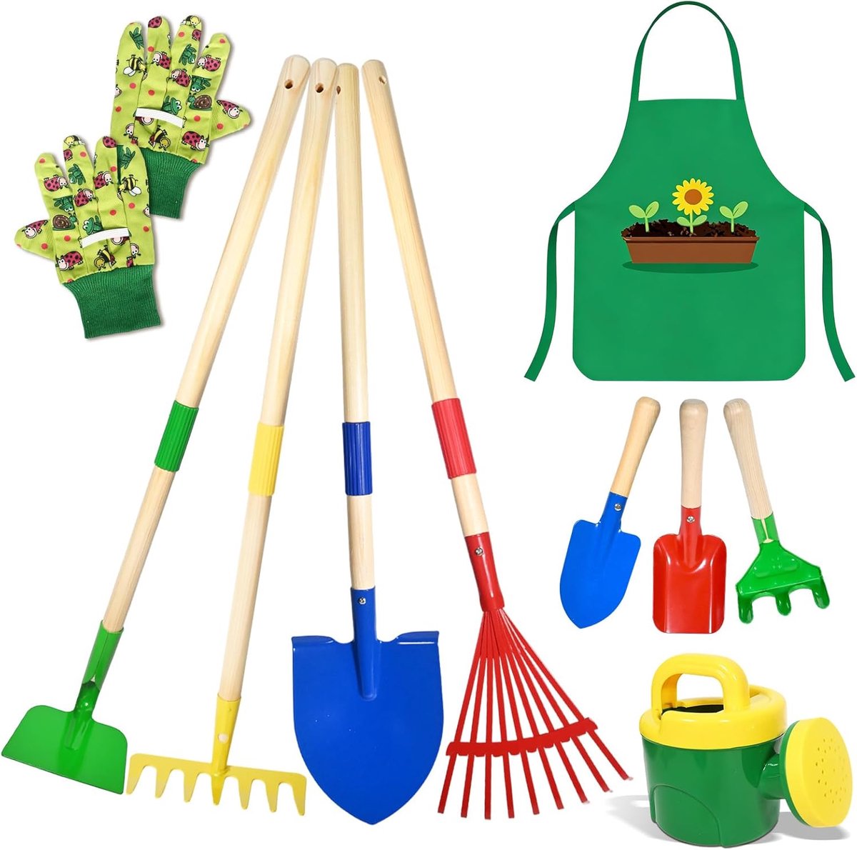 Tuinspeelgoed voor kinderen en volwassenen, metalen tuingereedschapsset met schep, hark, vork, werkhandschoenen, schort, gieter, ideale tuingereedschapsset voor beginners en gezinnen