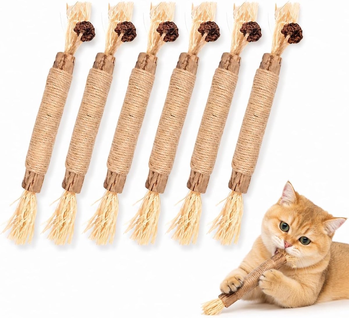 Stick Kat, 6 stuks, 21,5 cm, natuurlijk kattenspeelgoed, kattenkruidstokjes met sisaltouw, raffia en fruitgallen, zilverwijnstok, kattenkauwspeelgoed om te kauwen, spelen en tandverzorging