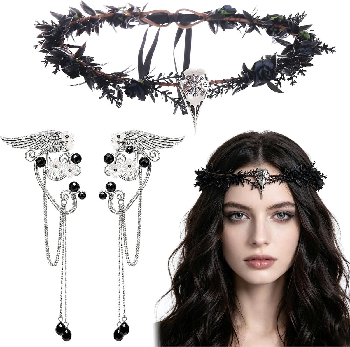 Elfenkostuum voor dames, accessoires, hoofdband met zwarte bladeren en