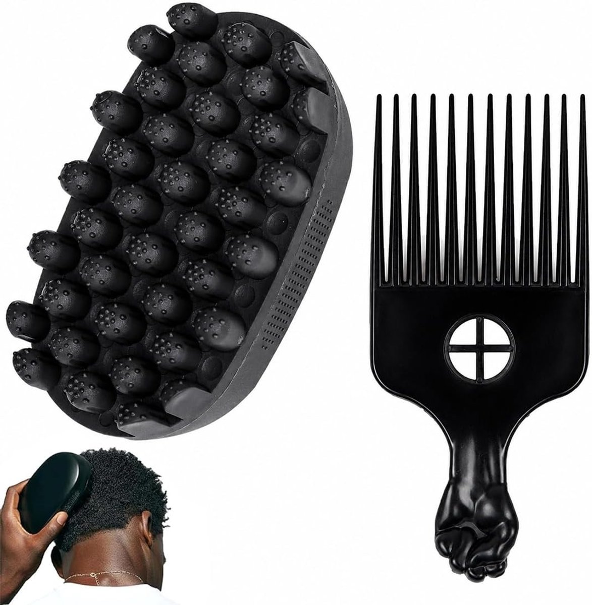 2 stuks haar-borstel + stalen naaldkam, rubberen haarborstel dreadlock twist styler Wasbare sponsborstel voor afrohaar, haarborstel voor vuil, gevlochten en krullend haar (zwart)