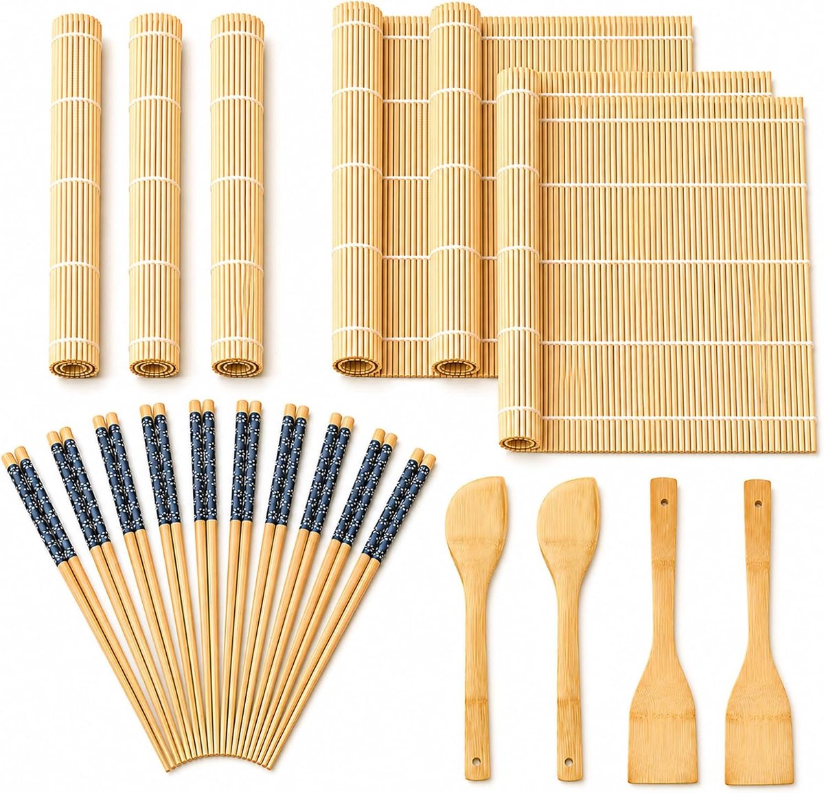 Sushi-set 20-delig, 2 sushimakers basissets van bamboe