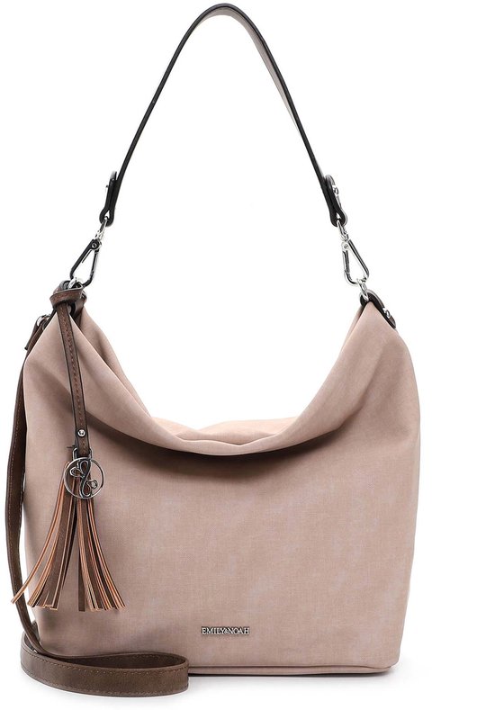 Lichtroze handtas met bruine hengsels en kwastdetail. Het logo 'EMILY & NOAH' is zichtbaar.