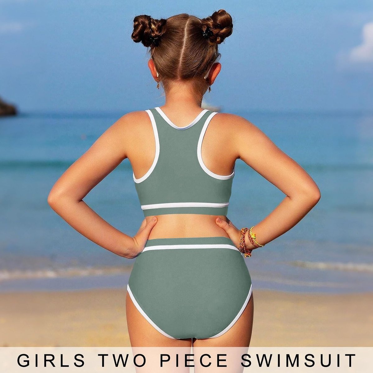 eenkleurig, tweedelig badpak met borstvullingen, badmode, hoog getailleerde sportieve bikini voor tienermeisjes, 8-12 jaar