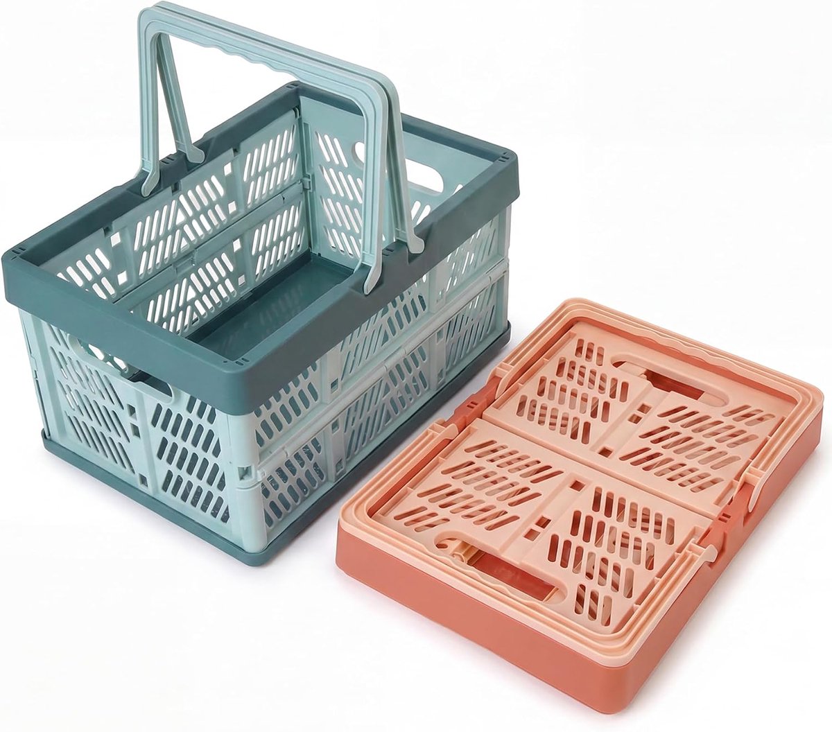 2 stuks opvouwbare kratten opbergdozen met handgrepen, 38 x 25 x 20 cm, opvouwbare winkelmanden, opvouwbare opbergkratten voor thuiskantoor (blauw + roze)